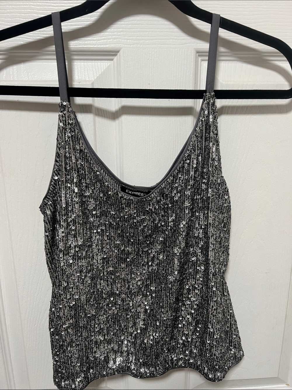 Express Silver Sequin Spaghetti Strap Camisole Top